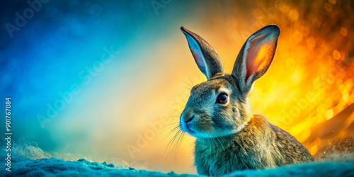 The big-eared rabbit stands out from the bright background of blue, yellow and orange shades. The rabbit's fur is rich in detail and captures the light beautifully. Generated by AI.