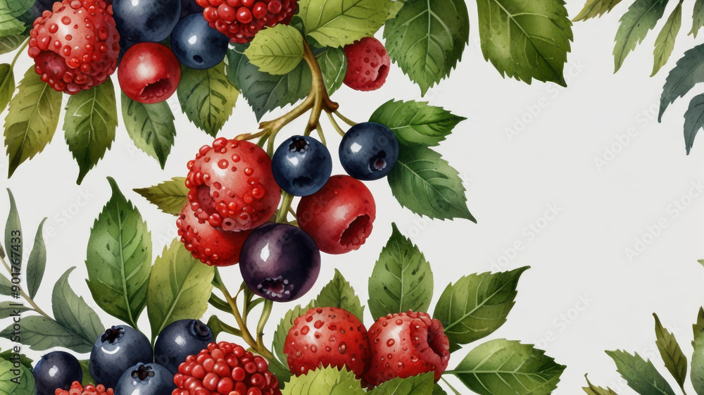 Watercolor of berry and leaves on white background Watercolor of berry and leaves on white background