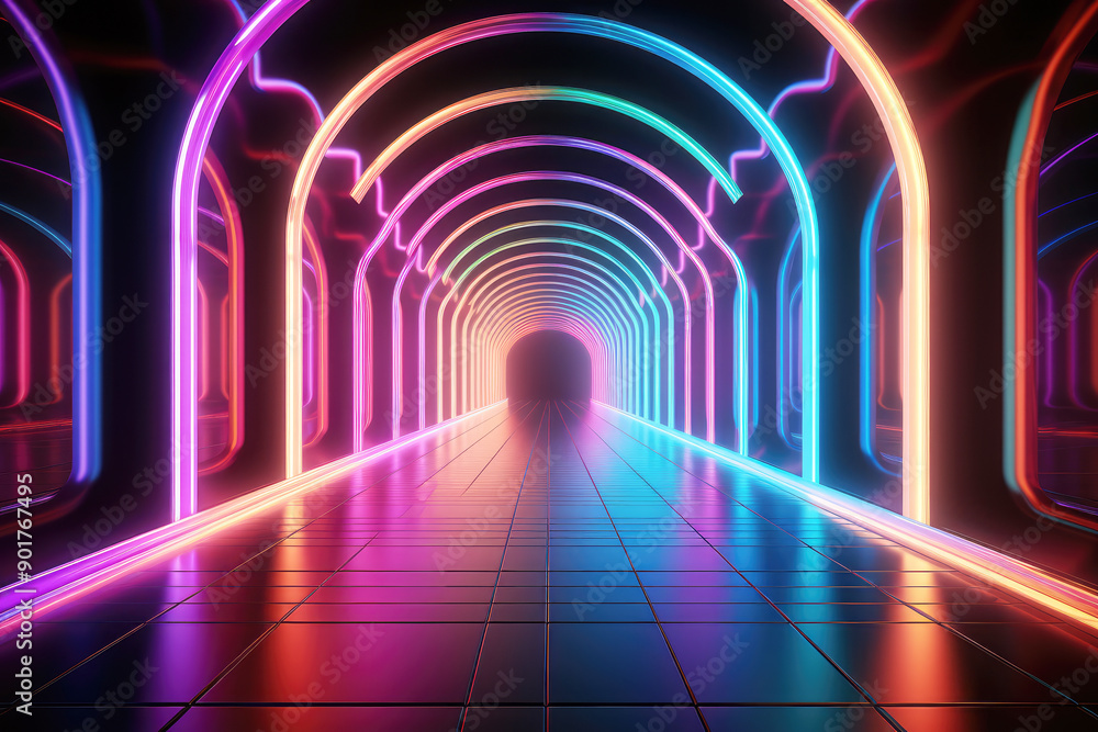 generated illustration of tunnel, neon light abstract background, round arcade, portal. generated illustration of tunnel, neon light abstract background, round arcade, portal.