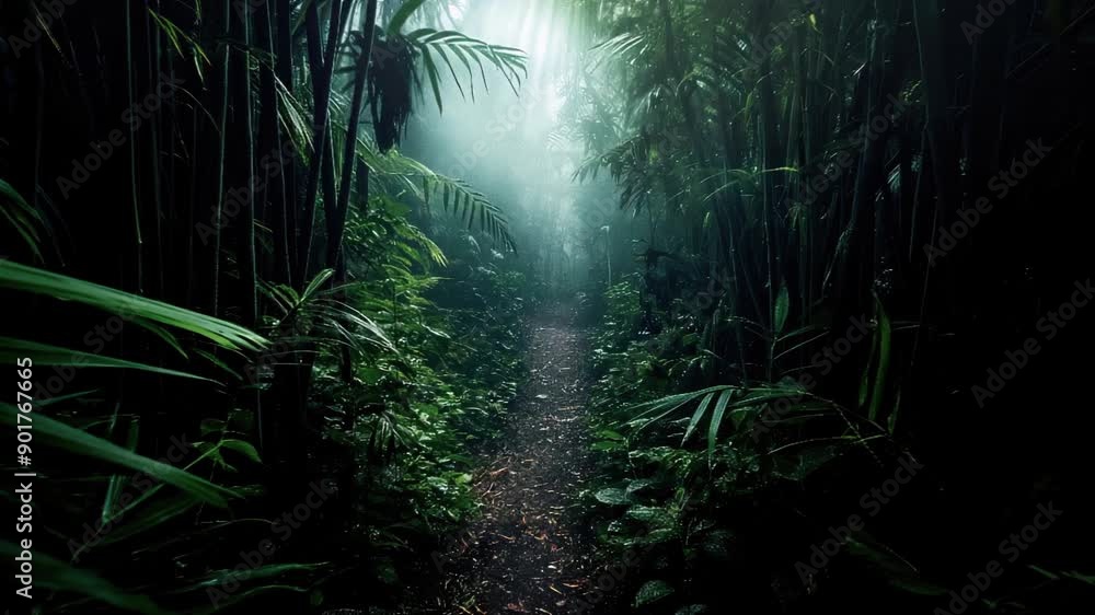 Walking a few steps in a narrow passage in the dense rainforest, traveled in first person. Short footage. Perpetual loop Walking a few steps in a narrow passage in the dense rainforest, traveled in first person. Short footage. Perpetual loop