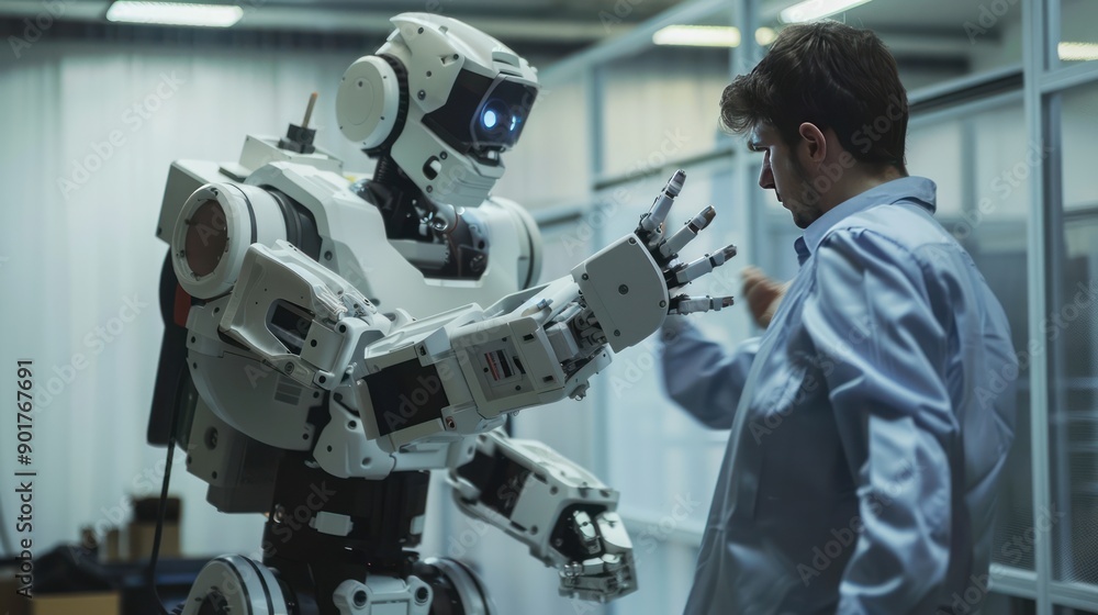 An engineer demonstrating a robot's capabilities An engineer demonstrating a robot's capabilities
