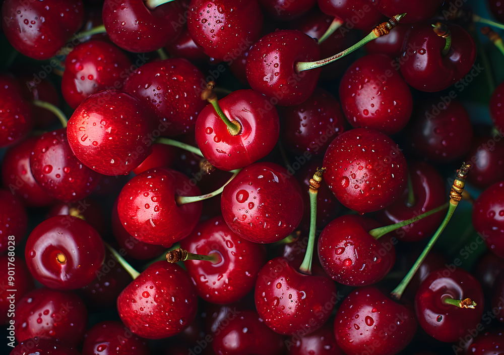 Close up of a bunch of bright red cherries shot from above. Close up of a bunch of bright red cherries shot from above.