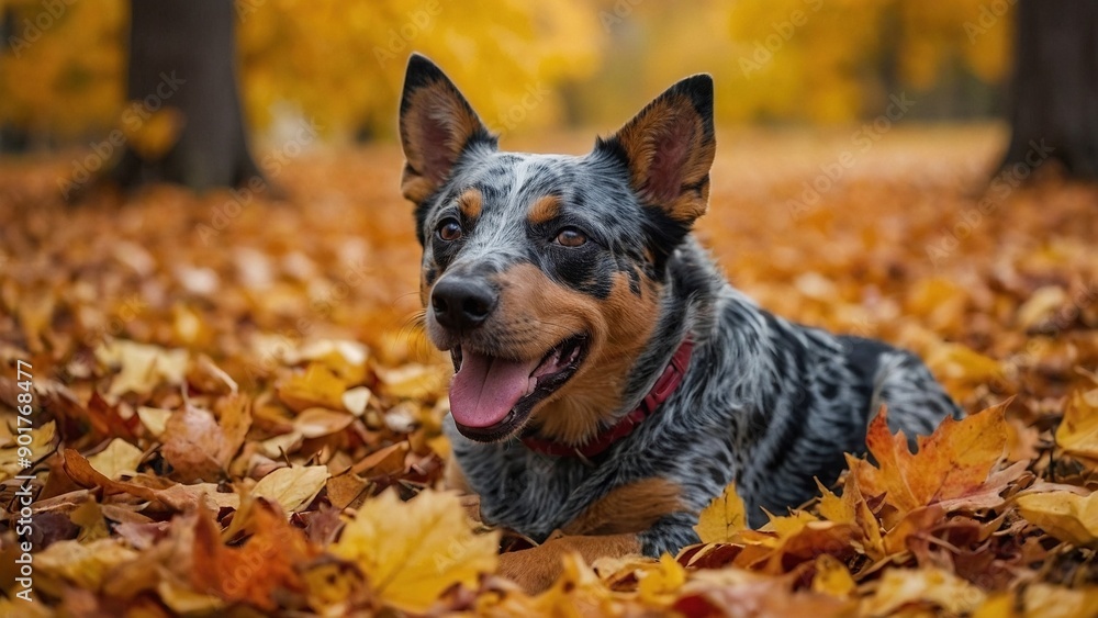 Beautiful close-up portrait of a happy smiling australian heeler cattle dog in the autumn forest park surrounded by colorful yellow and orange fallen leaves. Fall season animal pet photography. Beautiful close-up portrait of a happy smiling australian heeler cattle dog in the autumn forest park surrounded by colorful yellow and orange fallen leaves. Fall season animal pet photography.