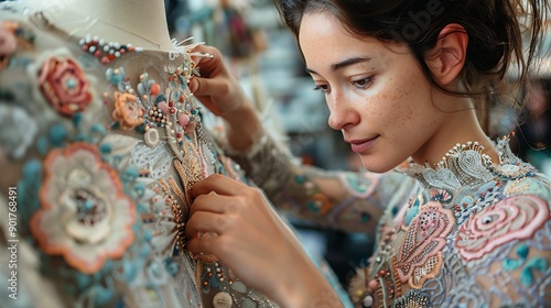 Fashion designer adjusting a couture dress on a mannequin surrounded by fabrics and sewing tools capturing the creative process of high fashion