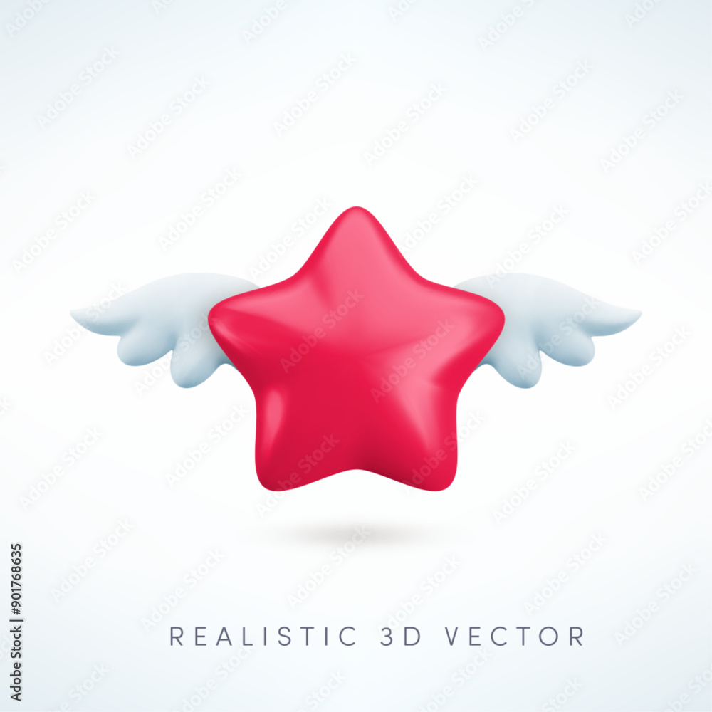 Vector 3d red star with wings icon. Cute realistic cartoon flying star 3d render on white