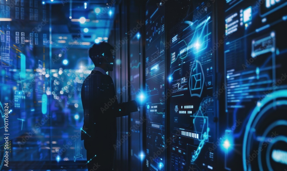 Businessman interacting with virtual cyber security interface, showcasing data protection and cybersecurity.