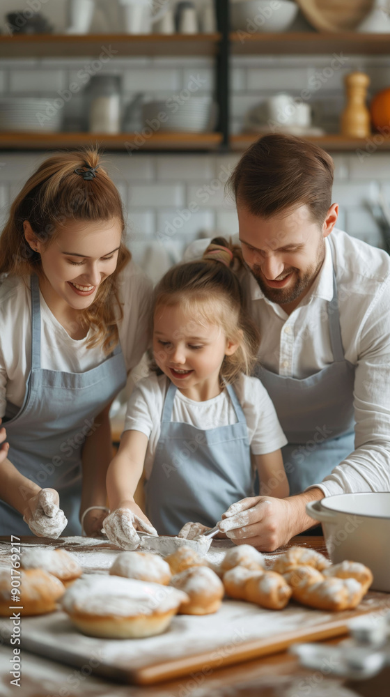 A family of three, a man, a woman and a child, are in a kitchen preparing food A family of three, a man, a woman and a child, are in a kitchen preparing food