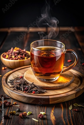 Cup of tea glass and dried tea leaves on a wooden plate, placed on a wooden table, on a dark black background photo