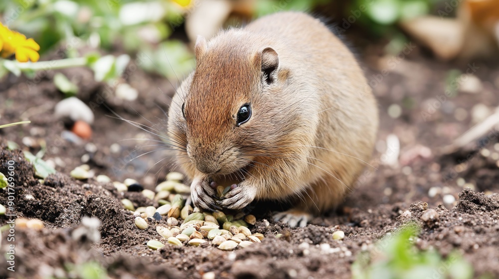 A Cute Little Brown Ground Squirrel Happily Feasting on Nutritious Seeds in Its Picturesque Natural Environment, Showing Pure Joy and Innocence. A Cute Little Brown Ground Squirrel Happily Feasting on Nutritious Seeds in Its Picturesque Natural Environment, Showing Pure Joy and Innocence.