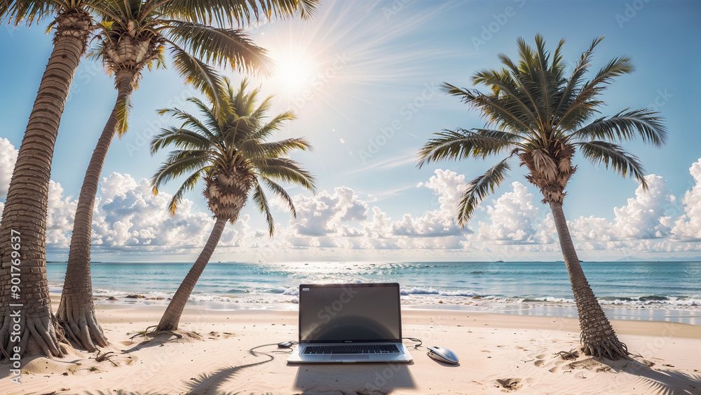 Laptop on the beach. Palm trees, sun, laptop, squeak, sky, clouds Laptop on the beach. Palm trees, sun, laptop, squeak, sky, clouds