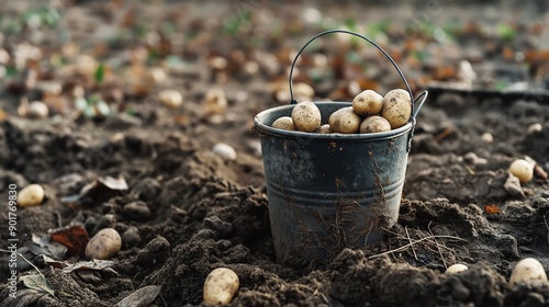 Wallpaper Mural Rustic Bucket of Organic Potatoes in Garden Soil after Harvest. Sustainable Agriculture and Healthy Eating Concepts. Homegrown Produce. Torontodigital.ca