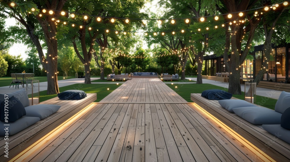 A wooded area with a path and benches A wooded area with a path and benches