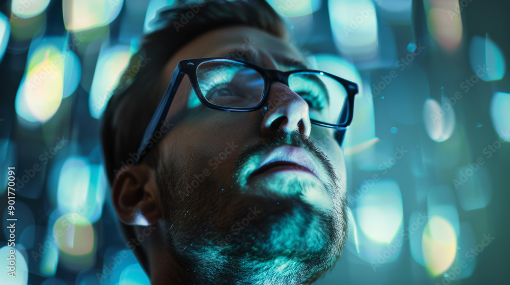 Close-up of a man wearing glasses, illuminated by vibrant neon lights with bokeh effects in the background, creating a futuristic atmosphere.
Close-up of a man wearing glasses, illuminated by vibrant neon lights with bokeh effects in the background, creating a futuristic atmosphere.
