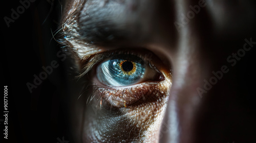 A detailed close-up of a human eye with blue and gold hues, captured in low light, showcasing intricate textures and reflections. 