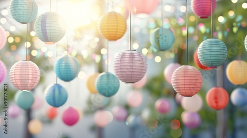 A bunch of colorful paper lanterns hanging from the ceiling