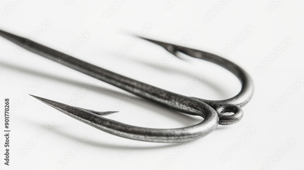 Naklejka premium Detailed Close-up of Black Fishing Hook with Barbed End, Isolated on White Background. Perfect for Fishing Equipment Concepts and Advertising Materials.