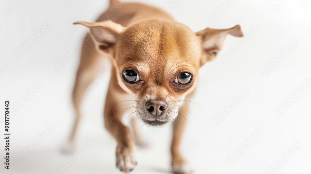 Closeup of small brown Chihuahua on white background, serious expression, indoors concept Closeup of small brown Chihuahua on white background, serious expression, indoors concept
