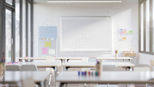 Empty Classroom with Sunlight, Desks, Chairs, and Whiteboard Ready for Students, Education Concept