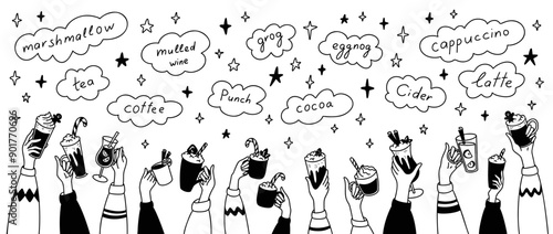 Christmas market doodle banner. Named winter hot drinks. New year party. Sketchy hands up with different beverages. Crowd of people having fun. Cocoa, mulled wine, marshmallow chocolate
