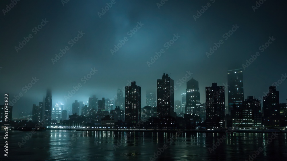 Obraz premium Darkened city skyline during a power outage at night. 