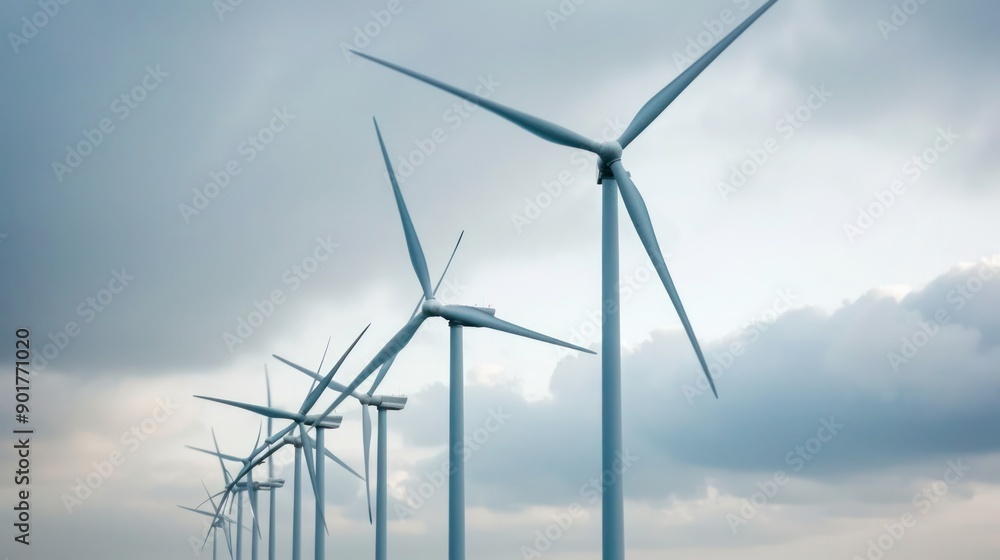Wind turbines generating clean energy on a wind farm against a cloudy sky. Wind turbines generating clean energy on a wind farm against a cloudy sky.