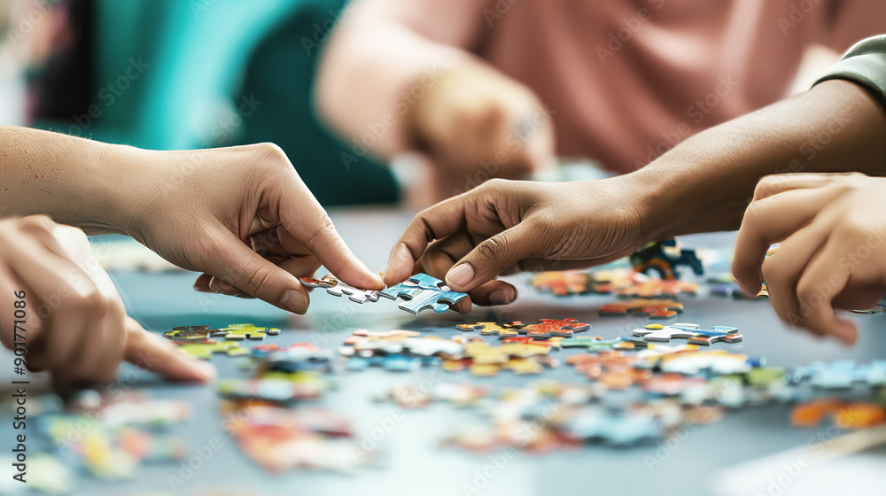 Closeup of diverse hands working together to assemble a puzzle, teamwork, collaboration, education, unity concept Closeup of diverse hands working together to assemble a puzzle, teamwork, collaboration, education, unity concept