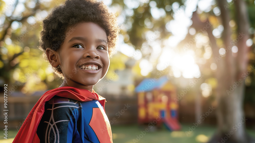 Smiling child in superhero costume, backyard playtime, sunshine, happy expression, childhood joy concept Smiling child in superhero costume, backyard playtime, sunshine, happy expression, childhood joy concept