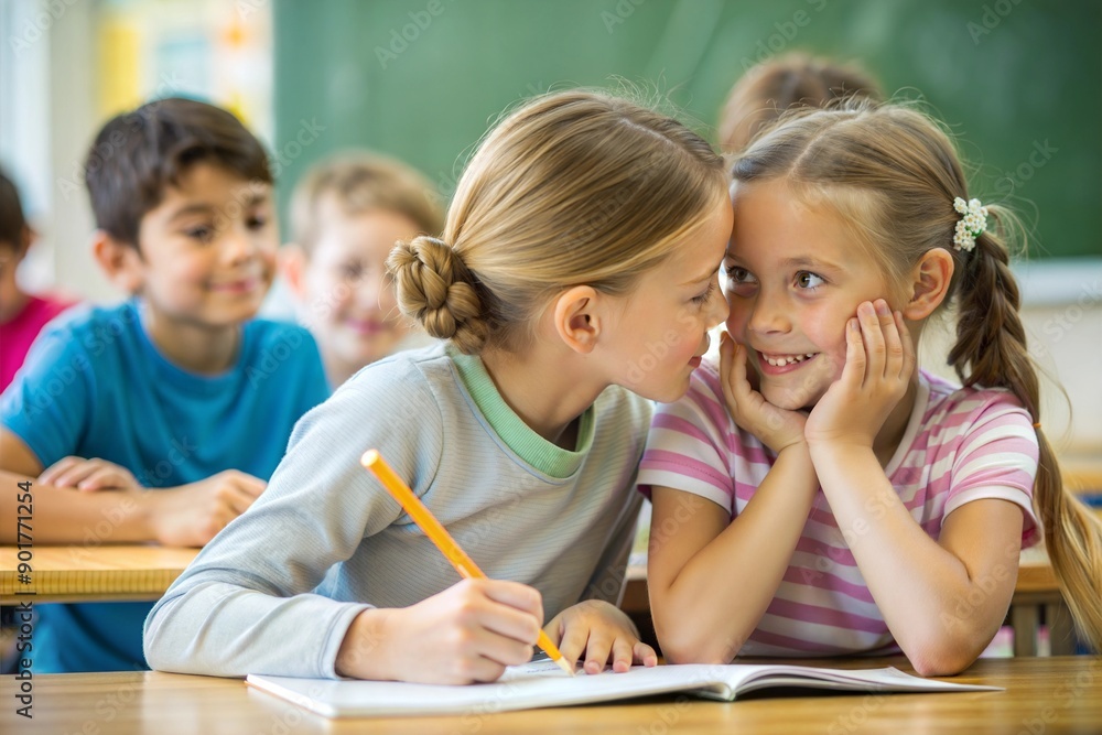 students whispering in bright classroom students whispering in bright classroom