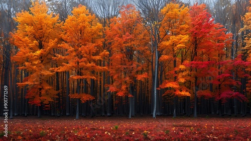 Forest glade filled with Maple Trees Acer saccharum their leaves forming a colorful canopy in the autumnal landscape of Canada photo