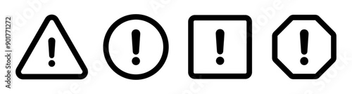 Hazard symbol in black and white color with exclamation symbol in different shapes stroke style. Caution symbols set with exclamation mark in various shapes. Danger warning icon set.