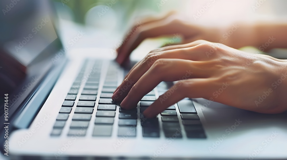 Hand Typing on a Keyboard: A close-up of hands typing on a sleek laptop keyboard.
Hand Typing on a Keyboard: A close-up of hands typing on a sleek laptop keyboard.
