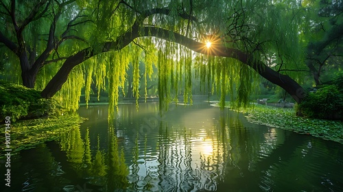 Forest glade filled with Willow Trees Salix babylonica gracefully drooping over a serene pond creating a reflective mirror effect in China photo