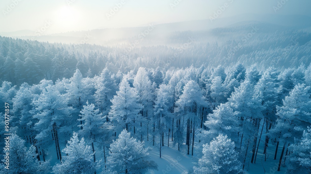 Snow-Covered Pine Forest Blanketed in Frost During Early Morning Light. Generative AI Snow-Covered Pine Forest Blanketed in Frost During Early Morning Light. Generative AI