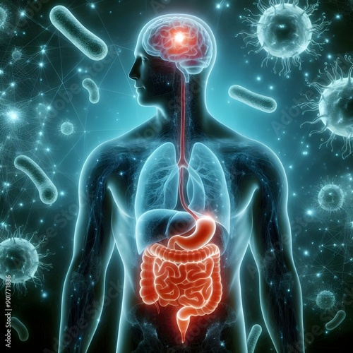 Medical silhouette of male person with glowing brain gut connection an bacteria germs viruses floating outside the body