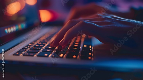Hand Typing on a Keyboard: A close-up of hands typing on a sleek laptop keyboard.
