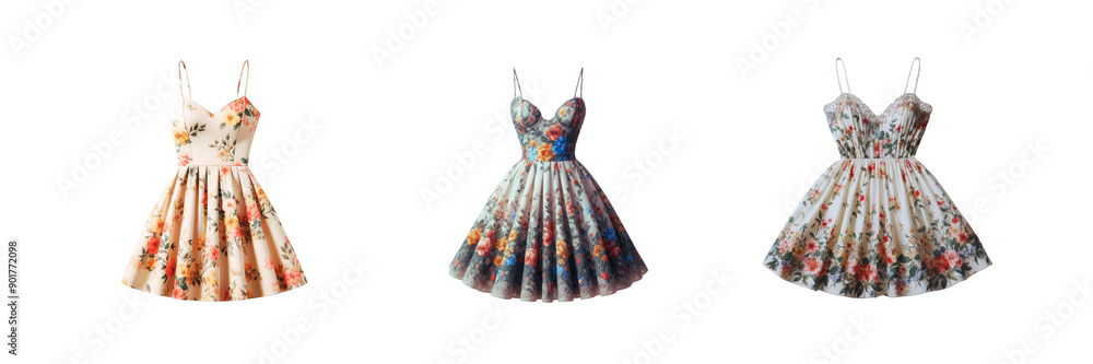 Set of Elegant floral sundress embellished, isolated over on transparent white background Set of Elegant floral sundress embellished, isolated over on transparent white background