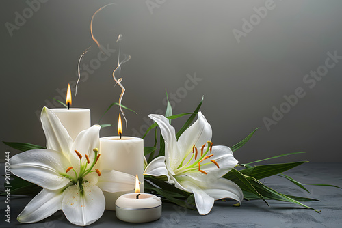 Funeral banner design featuring burning candles and white lilies on a grey background