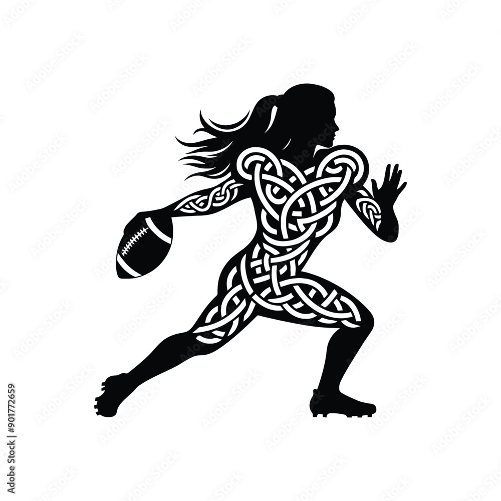 American football sport female player with celtic knot, nordic pattern illustration, emblem shield badge American football sport female player with celtic knot, nordic pattern illustration, emblem shield badge