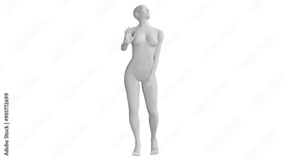 Female Mannequin in Upright Pose with Raised Hand Isolated on Transparent Background. Front View Female Mannequin in Upright Pose with Raised Hand Isolated on Transparent Background. Front View