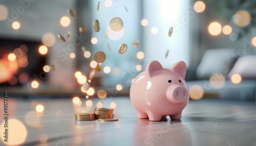 Pink Piggy Bank With Coins On Table