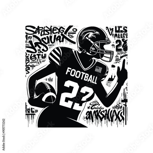 American football sport female player with graffiti tags, street art pattern illustration, emblem shield badge