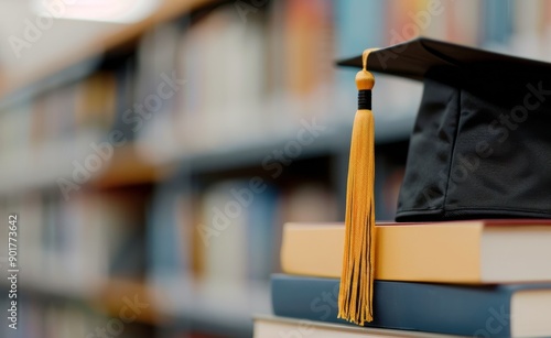 Graduation Cap on Books in Library