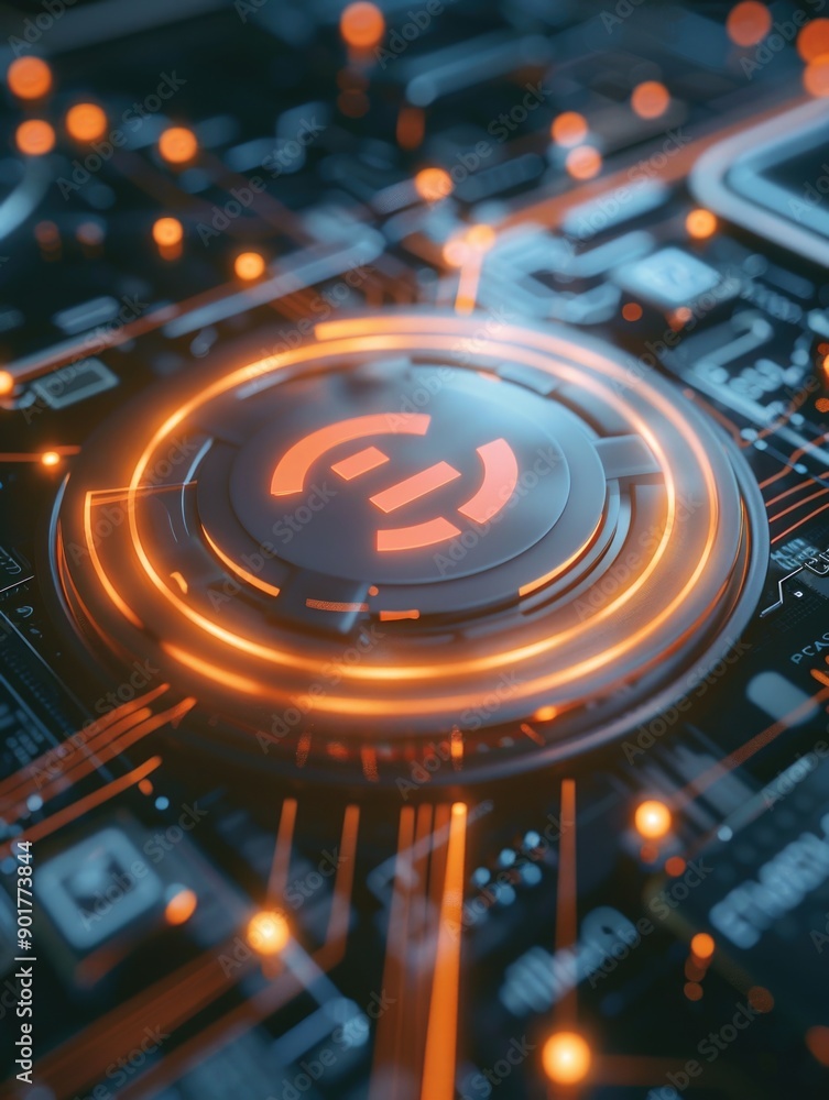 Fototapeta premium A close-up of a circuit board featuring the Bitcoin logo