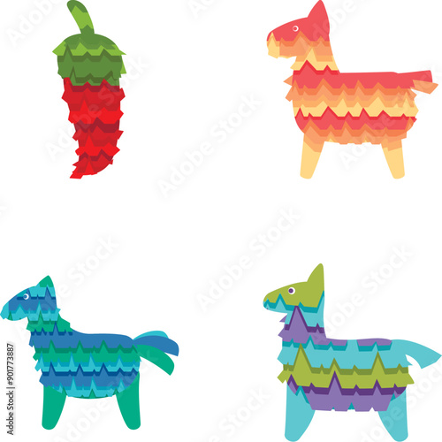 Mexican pinata icons set cartoon vector. Colored pinata for party game. Birthday traditional toy