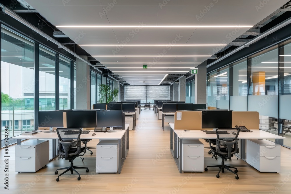 Spacious open office with modern furniture large windows and natural light fostering a productive and collaborative work environment. Spacious open office with modern furniture large windows and natural light fostering a productive and collaborative work environment.