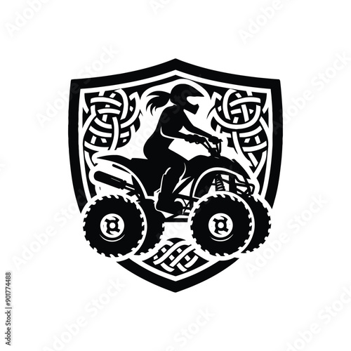 atv sport female player with celtic knot, nordic pattern illustration, emblem shield badge