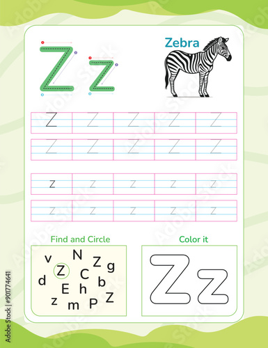 Alphabet tracing worksheet with letter and vocabulary