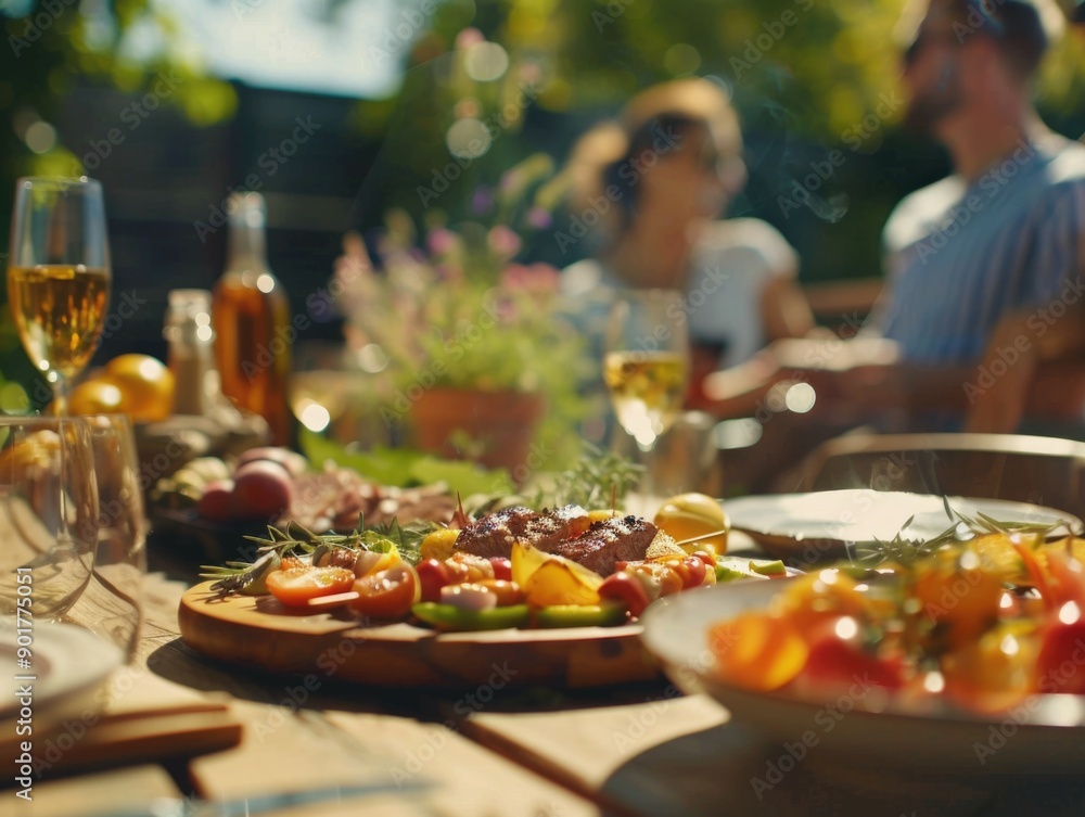 A group of people enjoying a meal together, seated around a table with plates of food A group of people enjoying a meal together, seated around a table with plates of food