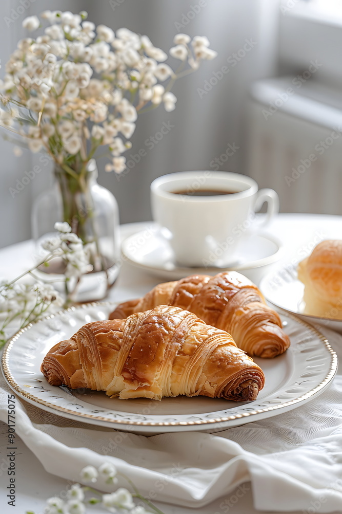 Elegant photo of breakfast with pastries and coffee on a white table under natural light gives a warm and bright feeling for use in cafe advertisement or food blog to inspire readers and customers. Elegant photo of breakfast with pastries and coffee on a white table under natural light gives a warm and bright feeling for use in cafe advertisement or food blog to inspire readers and customers.