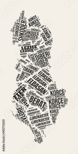 Albania Word Cloud. Country with regions division. Albania typographic text clouds vector image design. Vintage gazette style country shape image. Awesome vector illustration.